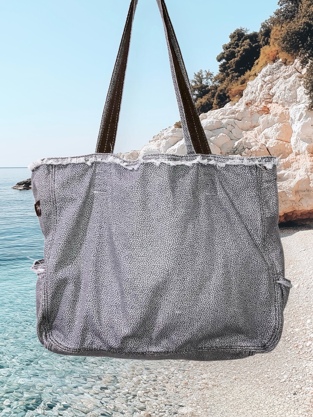Thirty One Retro Metro Large Shoulder Canvas Beach Tote Bag Gray White Polka Dot